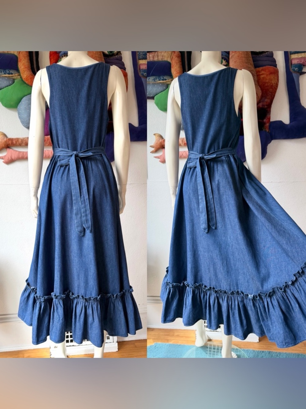 Vintage GUNNE SAX Dark Denim Sundress Dress Midi Size 13 Full Skirt Prairie Blue - Picture 6 of 8